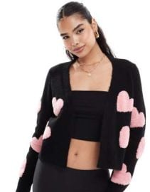 Miss Selfridge textured heart cardigan in black with pink hearts at ASOS